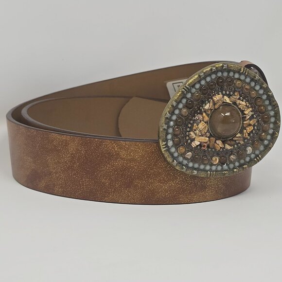 Guess Brown Boho Belt with Stone and Beaded Teardrop Buckle Size Large - Picture 3 of 11